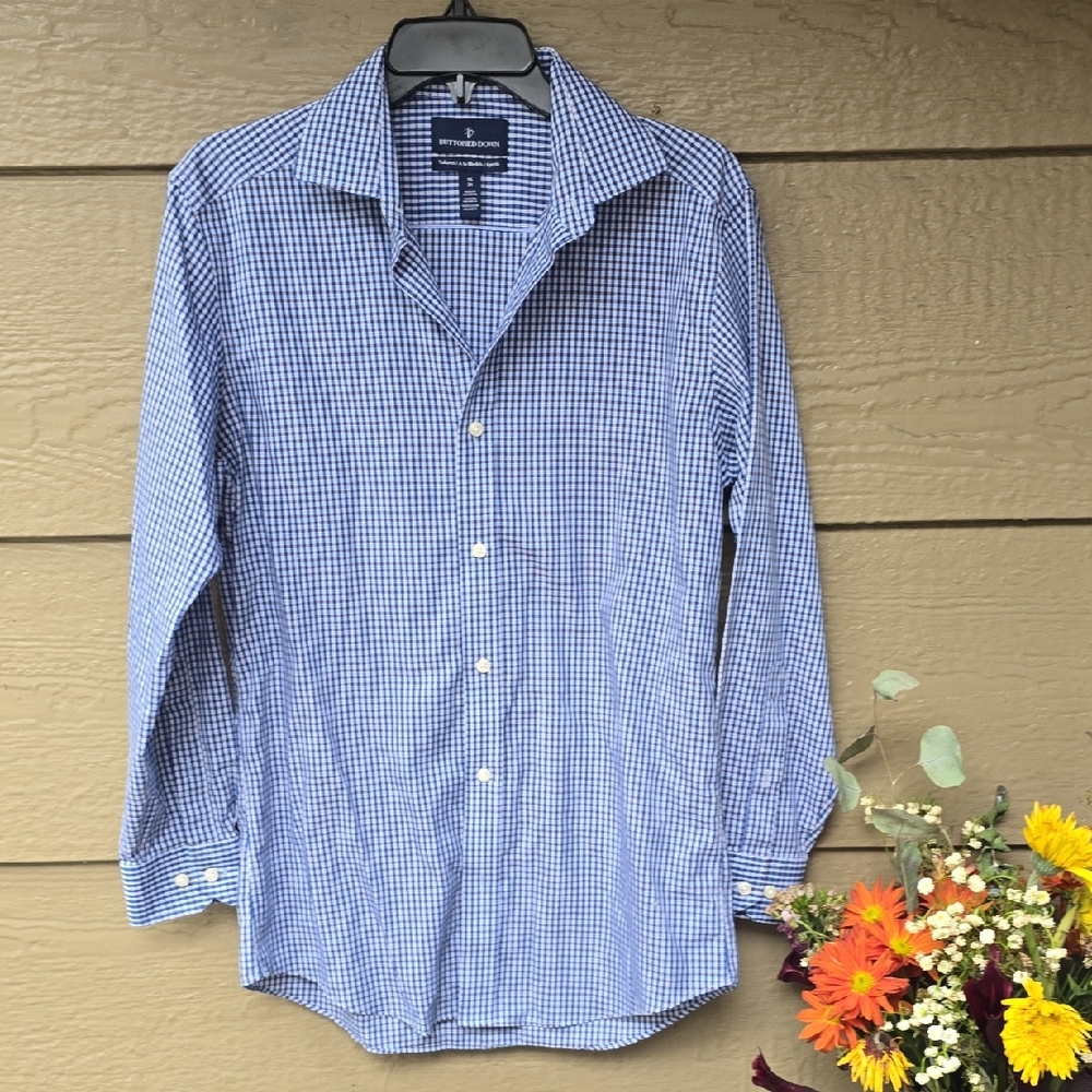 Buttoned Down Tailored Plaid Blue Dress Shirt 15/31